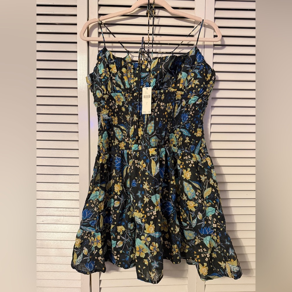 Anthropologie Black Floral Mini Dress with Blue and Yellow Blossoms